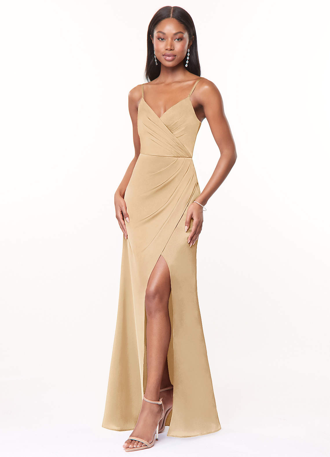Maci A-Line V-Neck Stretch Satin Bridesmaid Dress in Gold