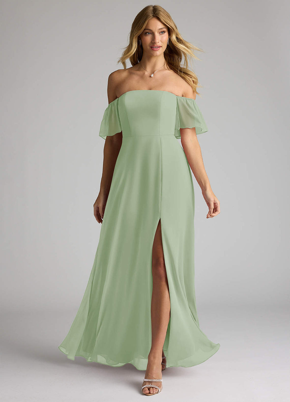 Sue A-Line Off-the-Shoulder Chiffon Bridesmaid Dress in Dusty Sage