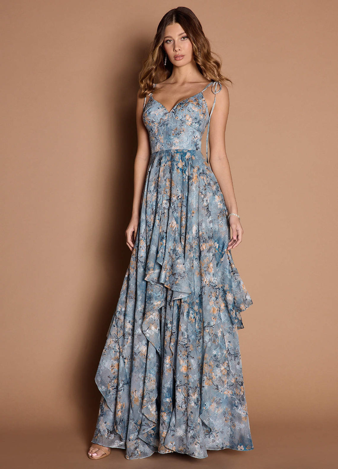 Harmony A-Line V-Neck Floral Fil Coupé Wedding Guest Dress in Powder Blue