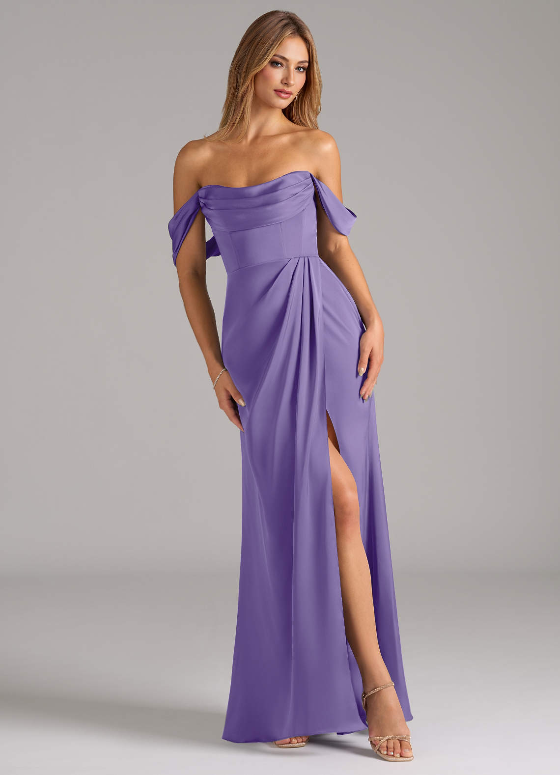 Johana Mermaid Off-the-Shoulder Stretch Satin Bridesmaid Dress in Tahiti