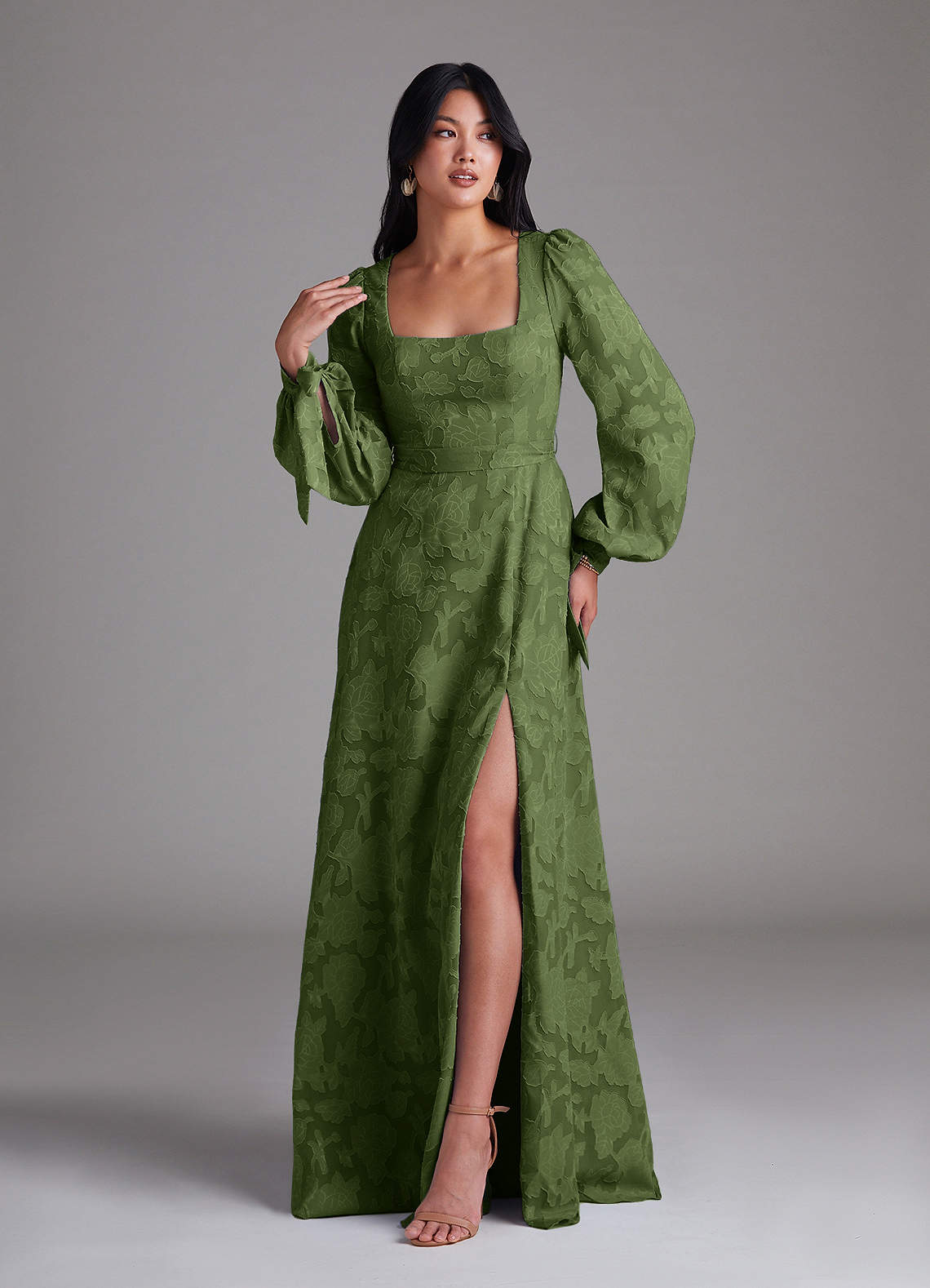 Leonia A-Line Square-Neck Stretch Satin Bridesmaid Dress in Olive