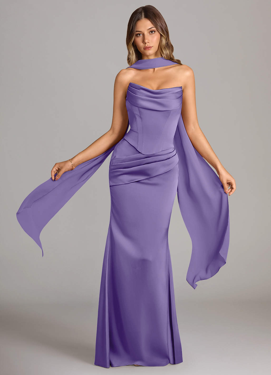 Sorrel Mermaid Cowl-Neck Stretch Satin and Chiffon Bridesmaid Dress in Tahiti