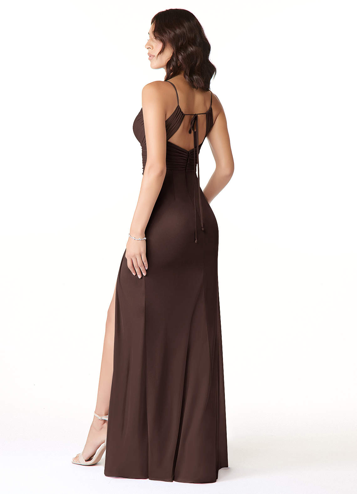 Reneya Mermaid V-Neck Mesh Bridesmaid Dress in Ganache