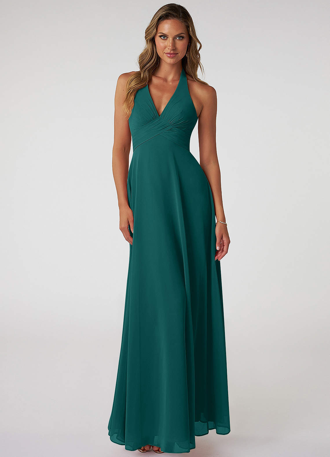 Tessie A-Line V-Neck Chiffon Bridesmaid Dress in Peacock