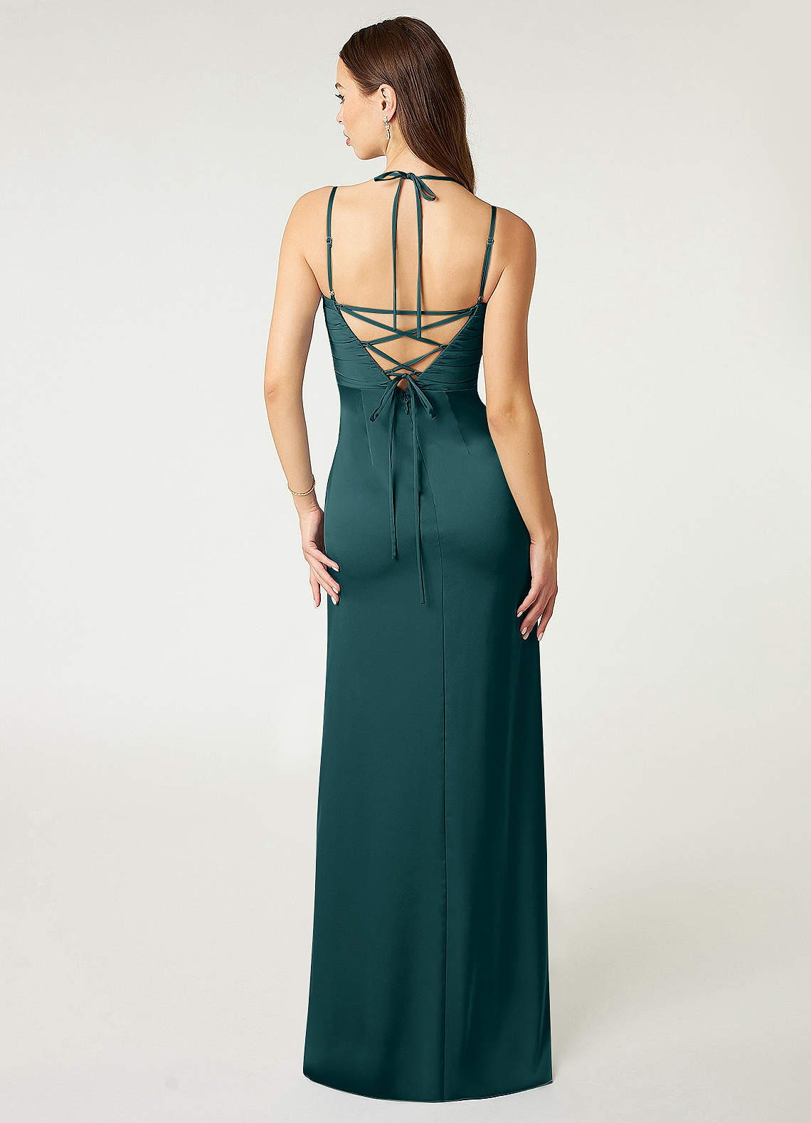 Desi Sheath Halter Stretch Satin Bridesmaid Dress in Pine