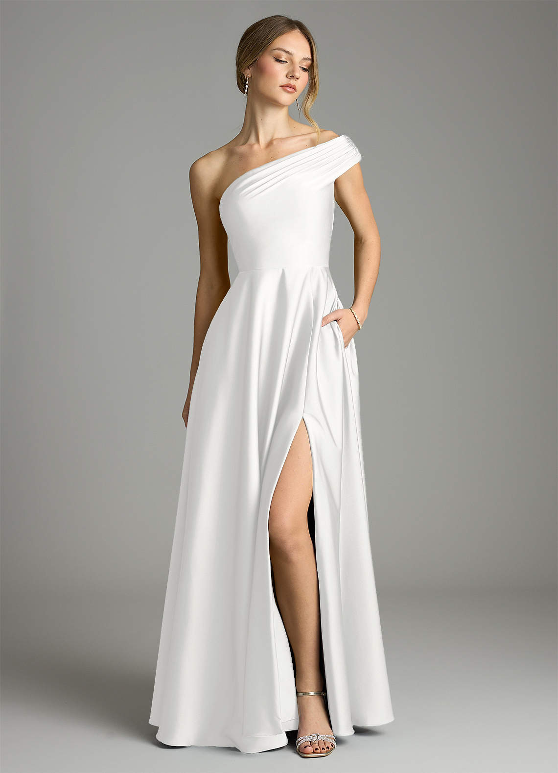 Melanie A-Line One-Shoulder Stretch Satin Bridesmaid Dress in white