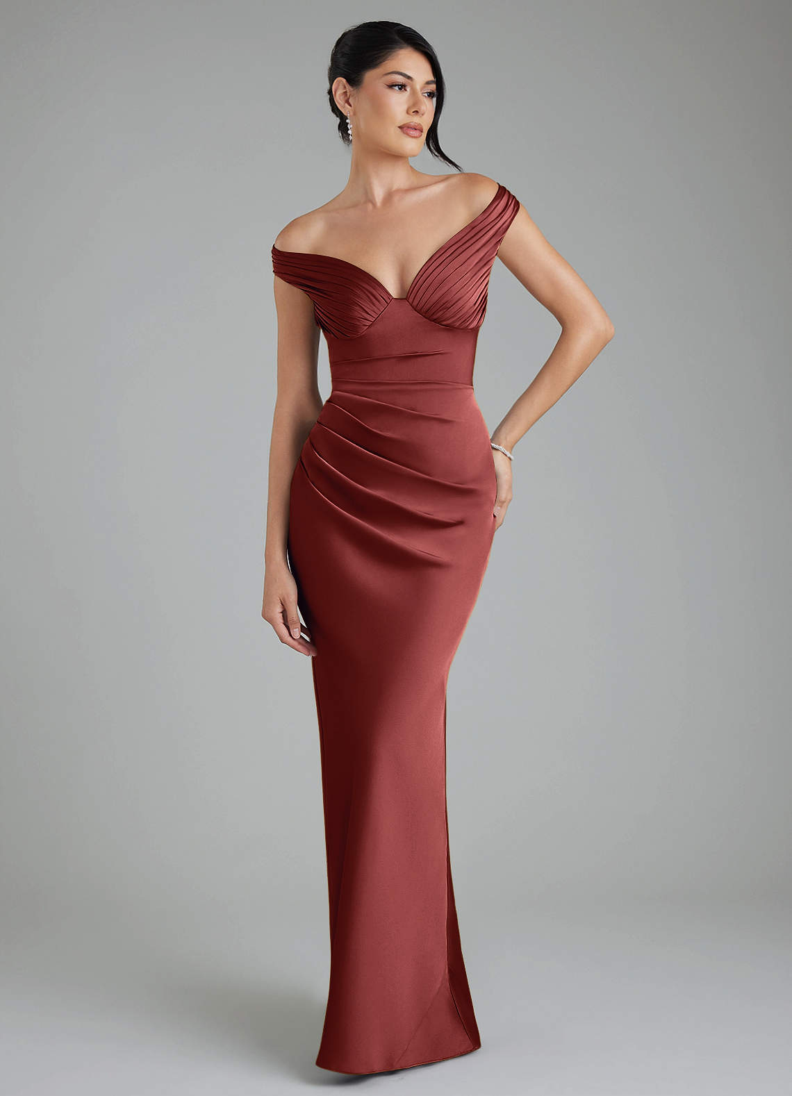 Stella Sheath V-Neck Stretch Satin Bridesmaid Dress in Terracotta