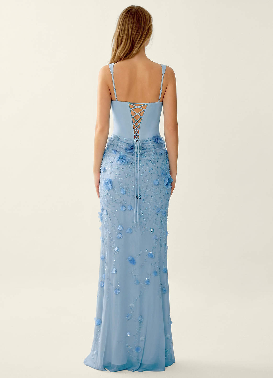 Belinda Mermaid Square-Neck Sequined Tulle Evening Dress in Blue