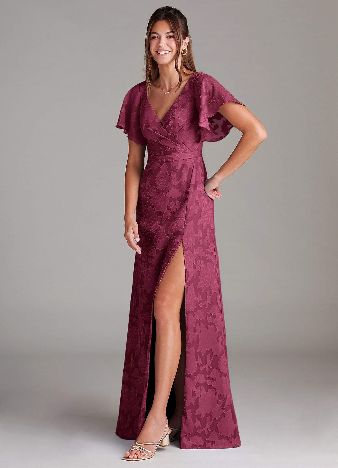 Ambrosia A-Line V-Neck Floral Burnout Bridesmaid Dress in Mulberry