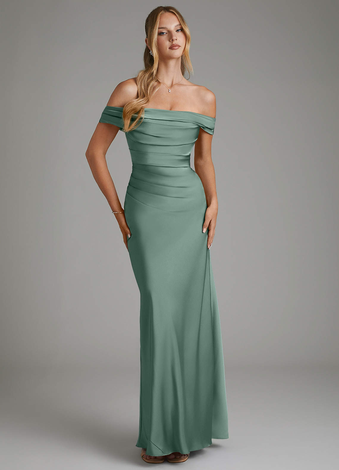 Hayden Mermaid Off-the-Shoulder Stretch Satin Bridesmaid Dress in Eucalyptus