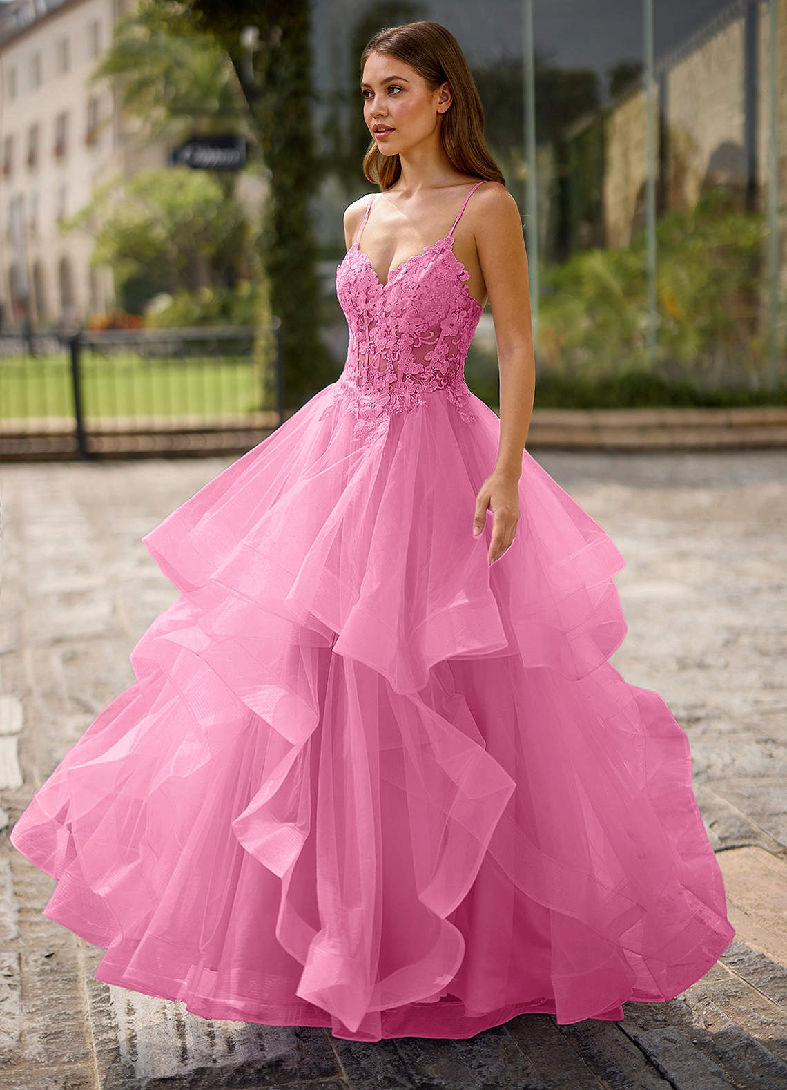 Spitze Ball Gown Sweetheart Lace Tulle Evening Dress in candy pink