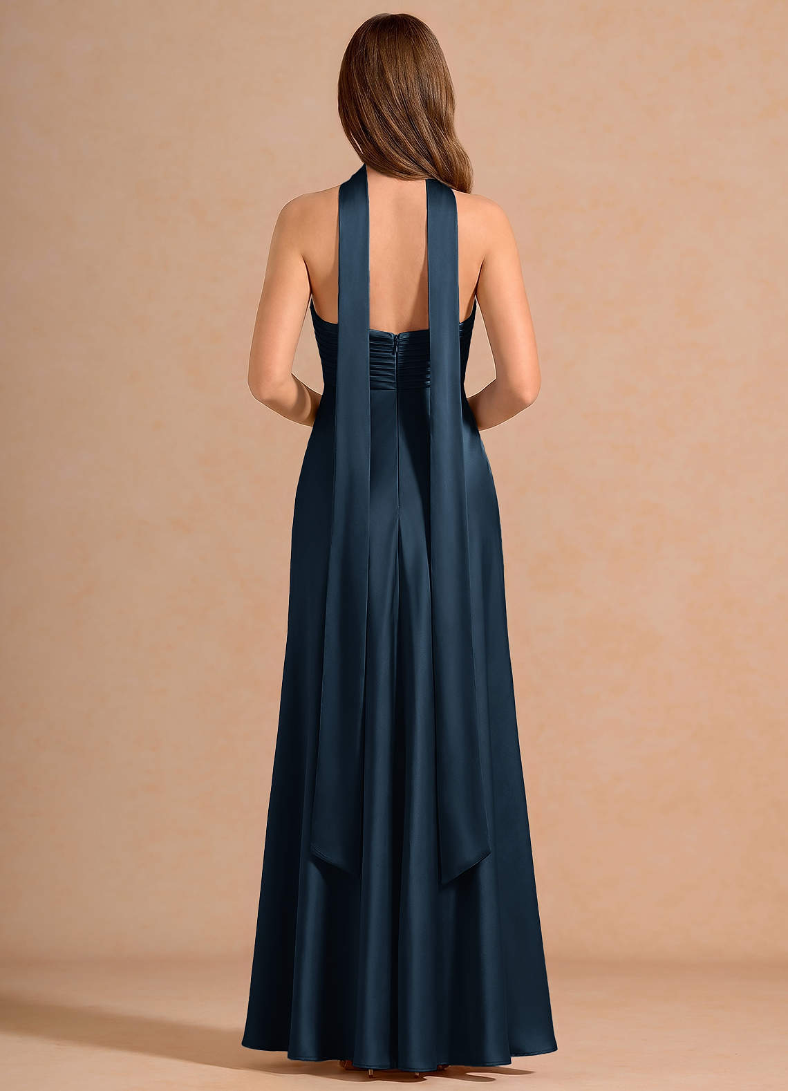 Seraphina A-Line Scarf Stretch Satin Evening Dress in Navy