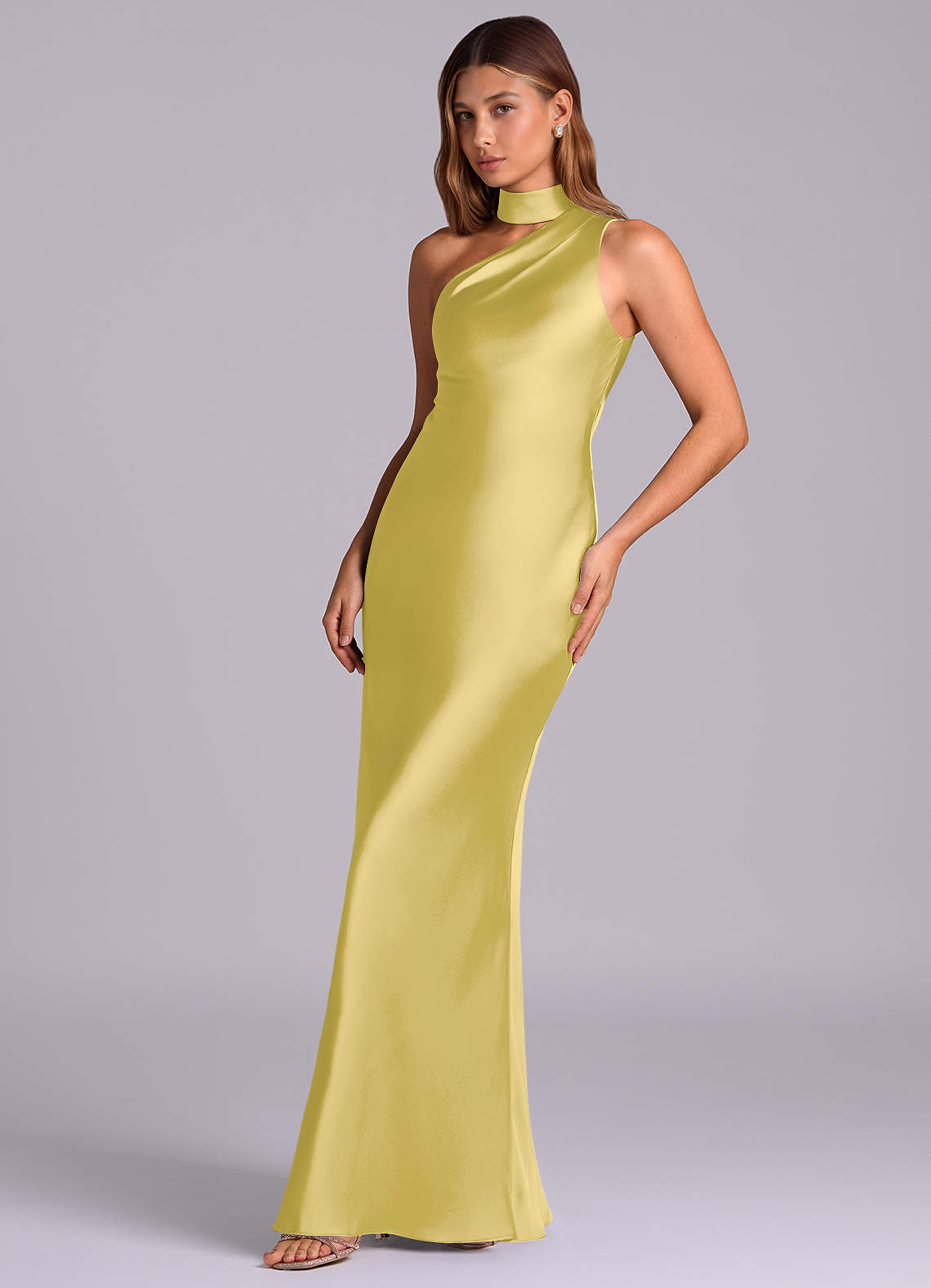 Seona Mermaid One-Shoulder Stretch Satin and Tulle Bridesmaid Dress in Canary