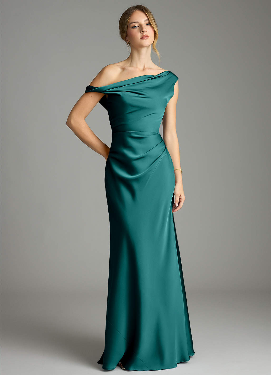 Emerson Mermaid One-Shoulder Stretch Satin Bridesmaid Dress in Peacock