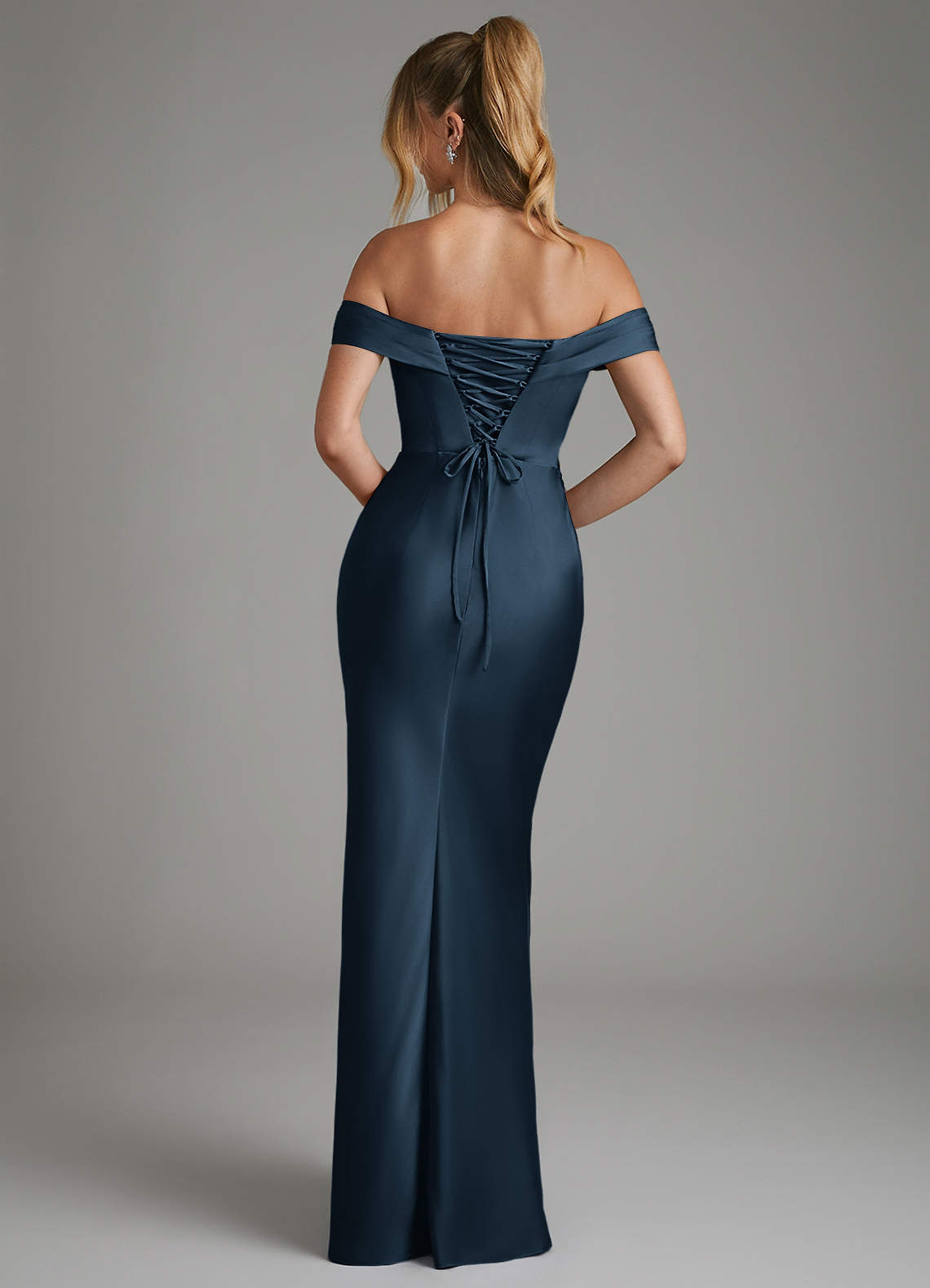 Hayden Mermaid Off-the-Shoulder Stretch Satin Bridesmaid Dress in Dark Navy