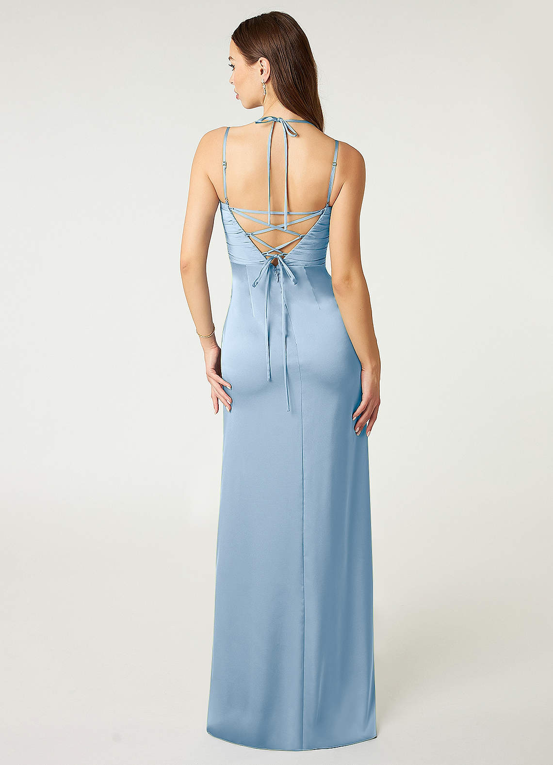Desi Sheath Halter Stretch Satin Bridesmaid Dress in Powder Blue