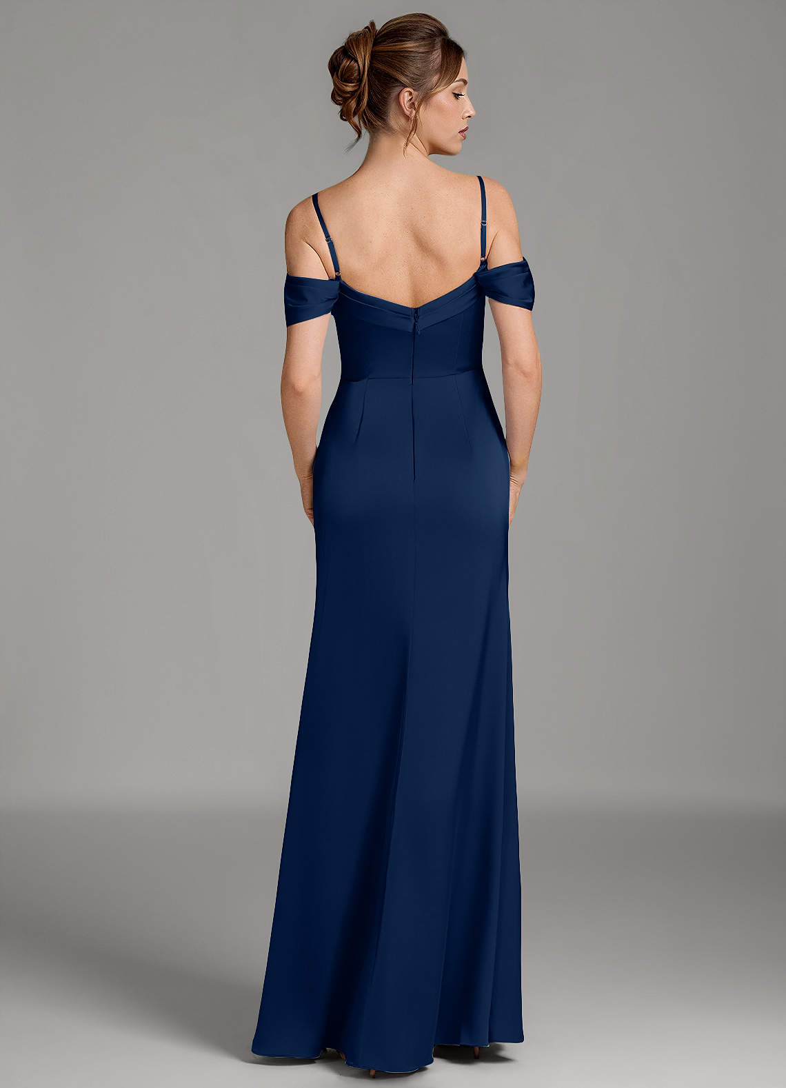 Wyatt Mermaid Off-the-Shoulder Stretch Satin Bridesmaid Dress in Dark Navy