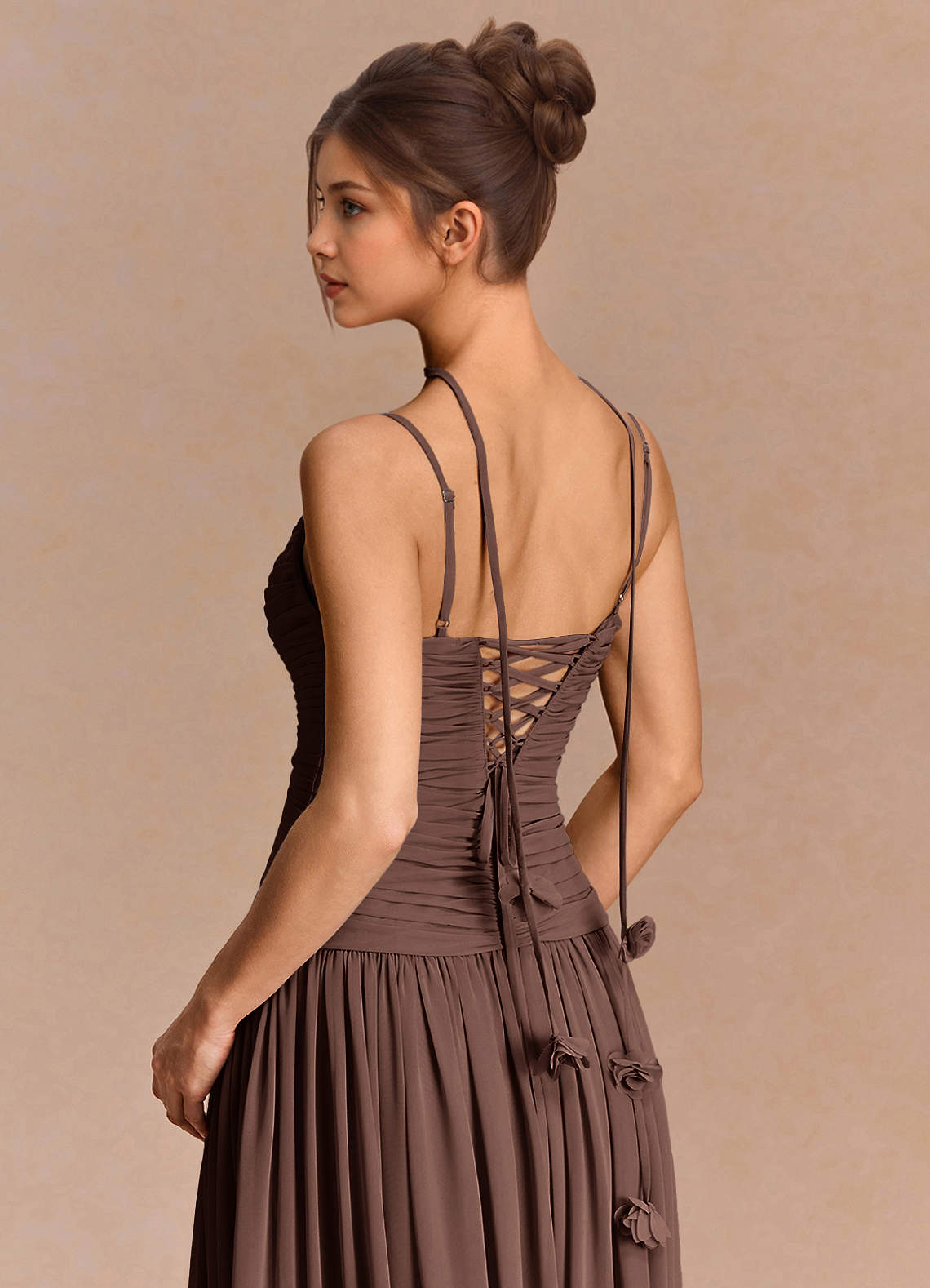 Eulalie A-Line Floral-Appliqué Chiffon Evening Dress in Truffle