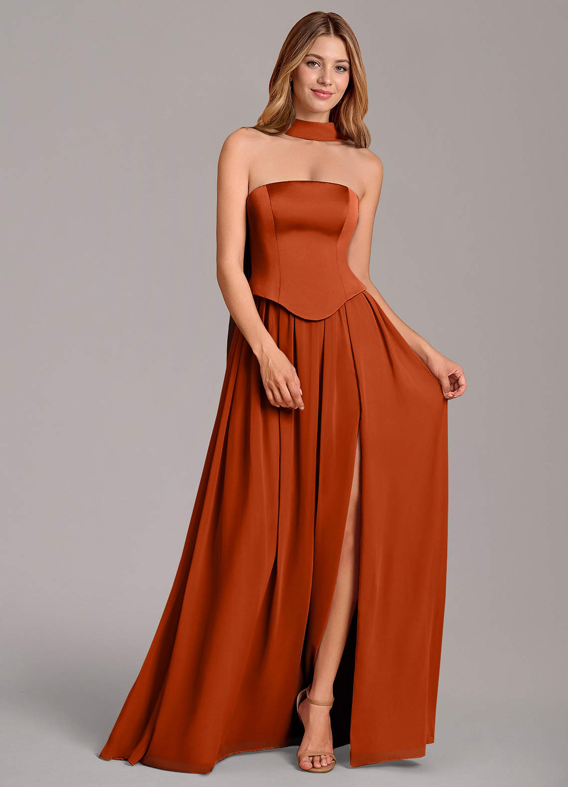 Cadence A-Line Strapless Chiffon and Stretch Satin Bridesmaid Dress in Paprika