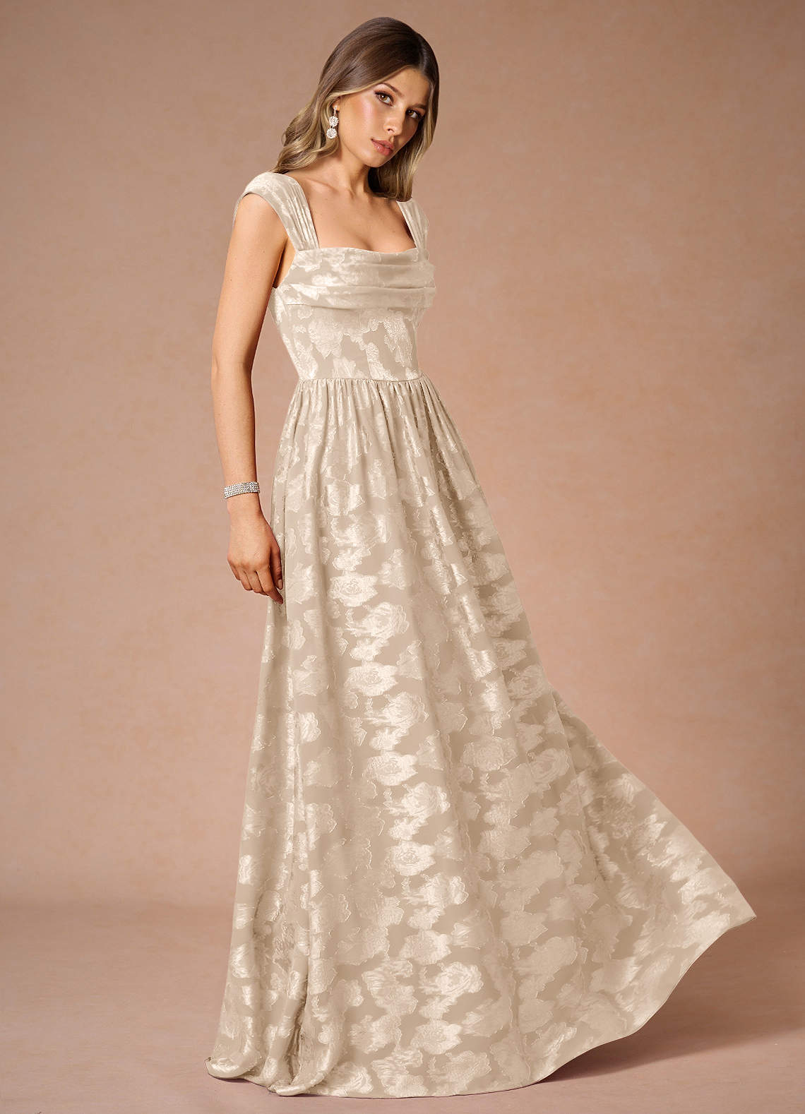 Hazel A-Line Cowl-Neck Fil Coupé Wedding Guest Dress in Cream