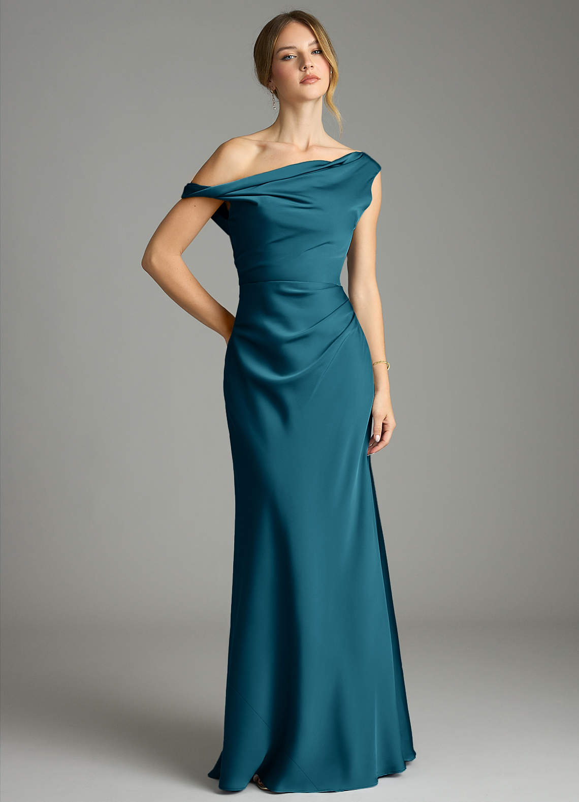 Emerson Mermaid One-Shoulder Stretch Satin Bridesmaid Dress in Ink Blue