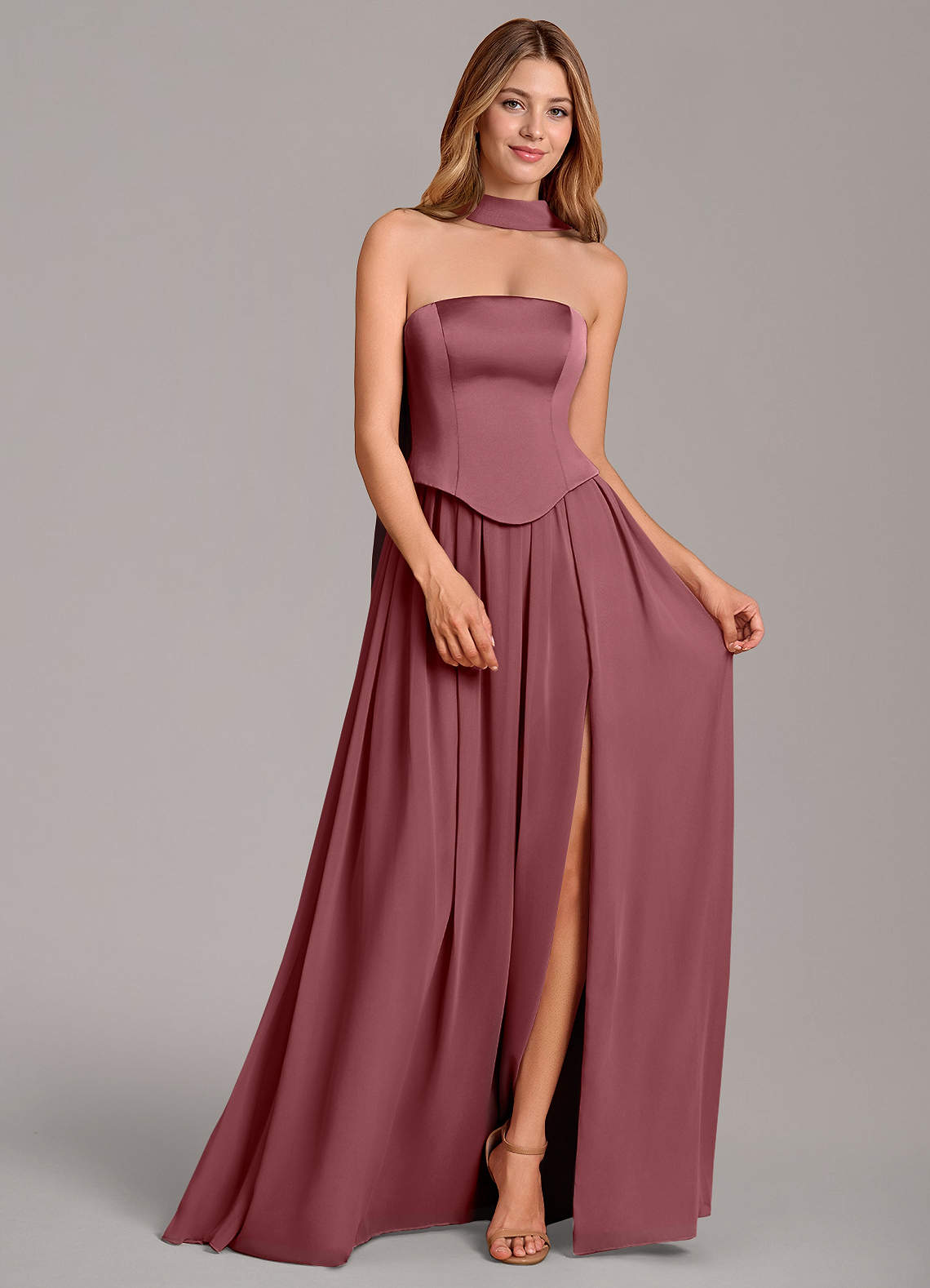 Cadence A-Line Strapless Chiffon and Stretch Satin Bridesmaid Dress in Desert Rose