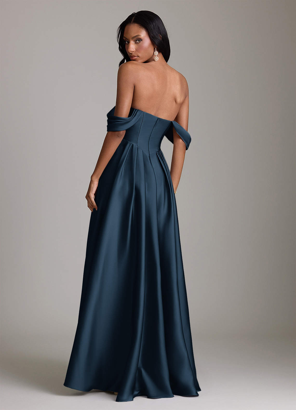 Loisa A-Line Off-the-Shoulder Stretch Satin Bridesmaid Dress in Dark Navy