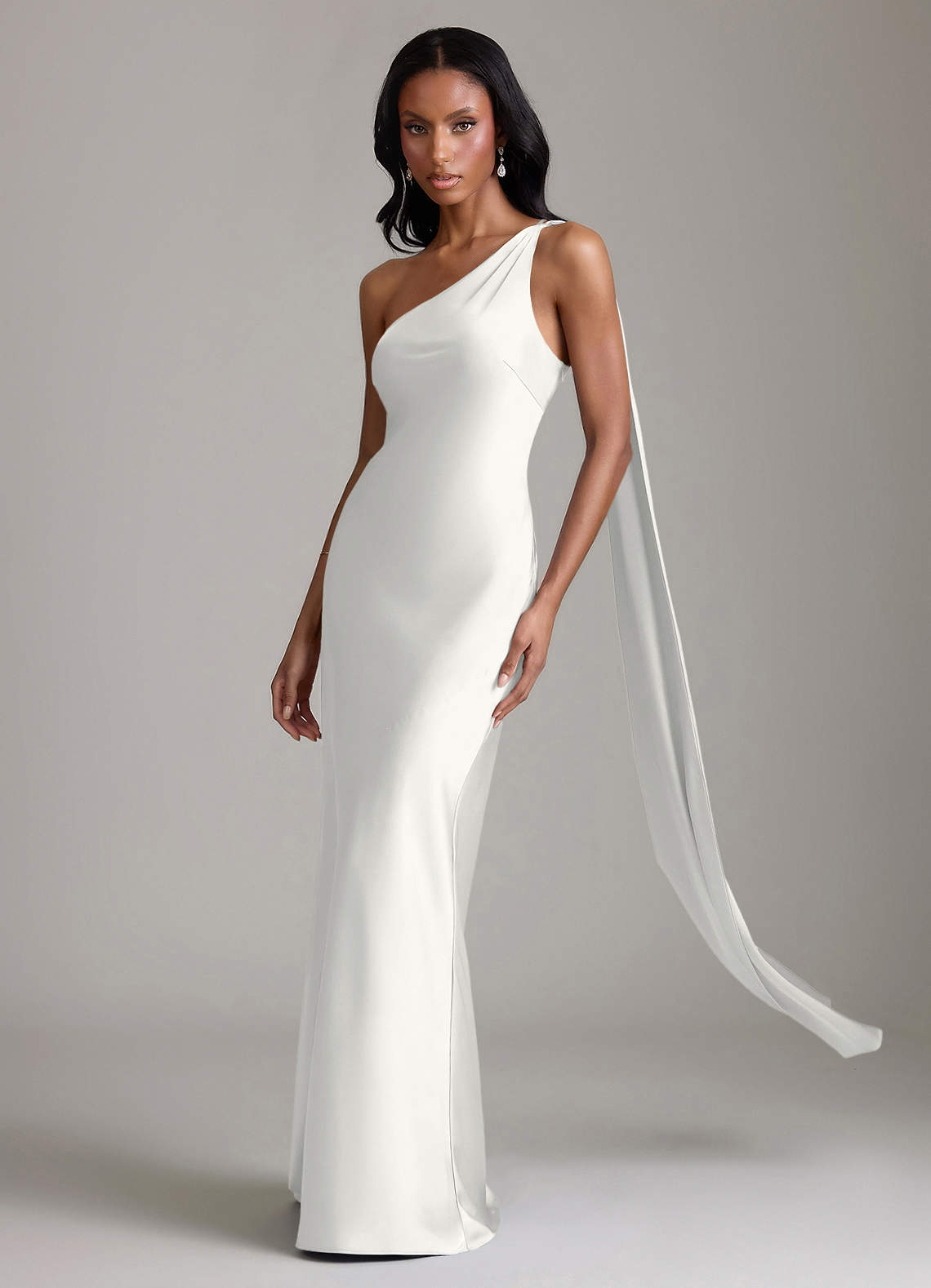 Juniper Mermaid One-Shoulder Stretch Satin Bridesmaid Dress in white