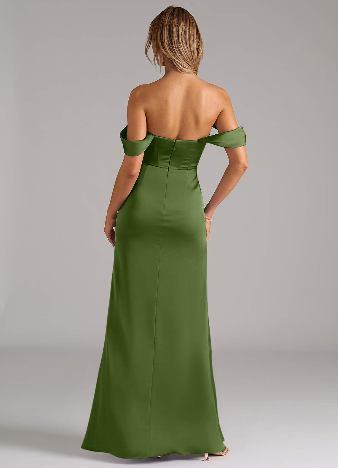 Johana Mermaid Off-the-Shoulder Stretch Satin Bridesmaid Dress in Juniper