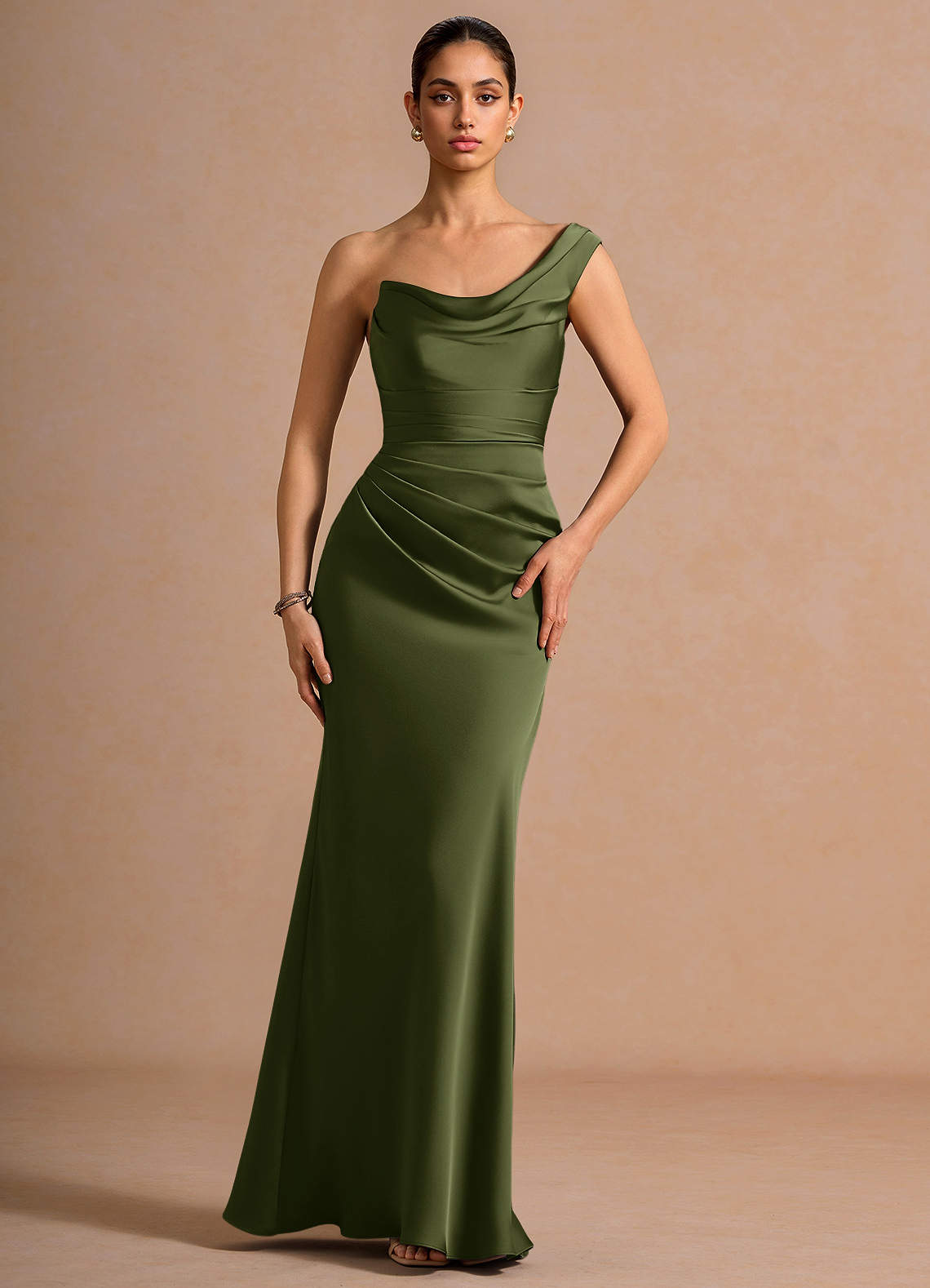 Cassiopeia One-Shoulder Draped Stretch Satin Evening Dress in Lemon Green