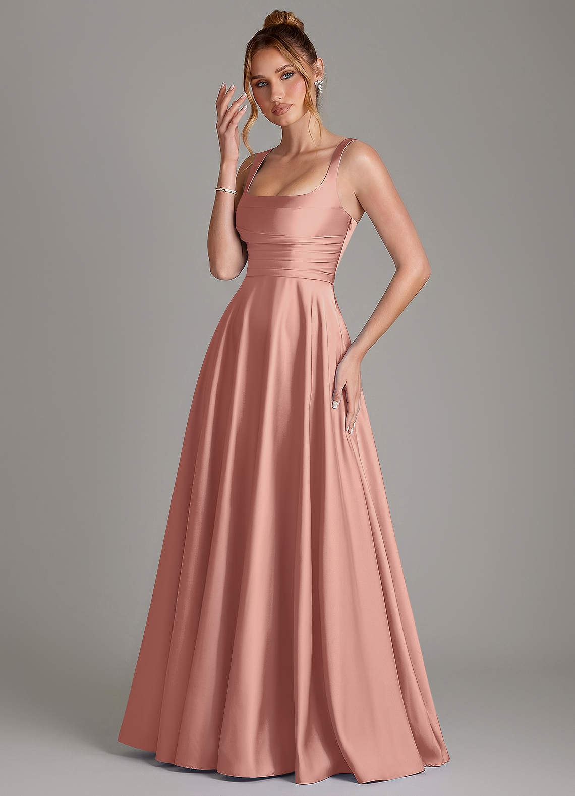 Azaria A-Line Square-Neck Stretch Satin Bridesmaid Dress in Rosette