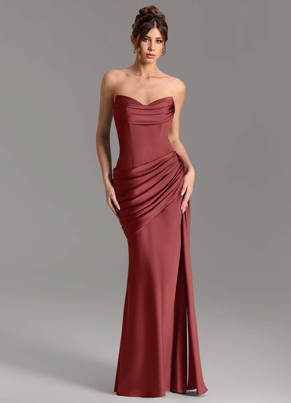 Zorah Mermaid Sweetheart Stretch Satin Bridesmaid Dress in Terracotta