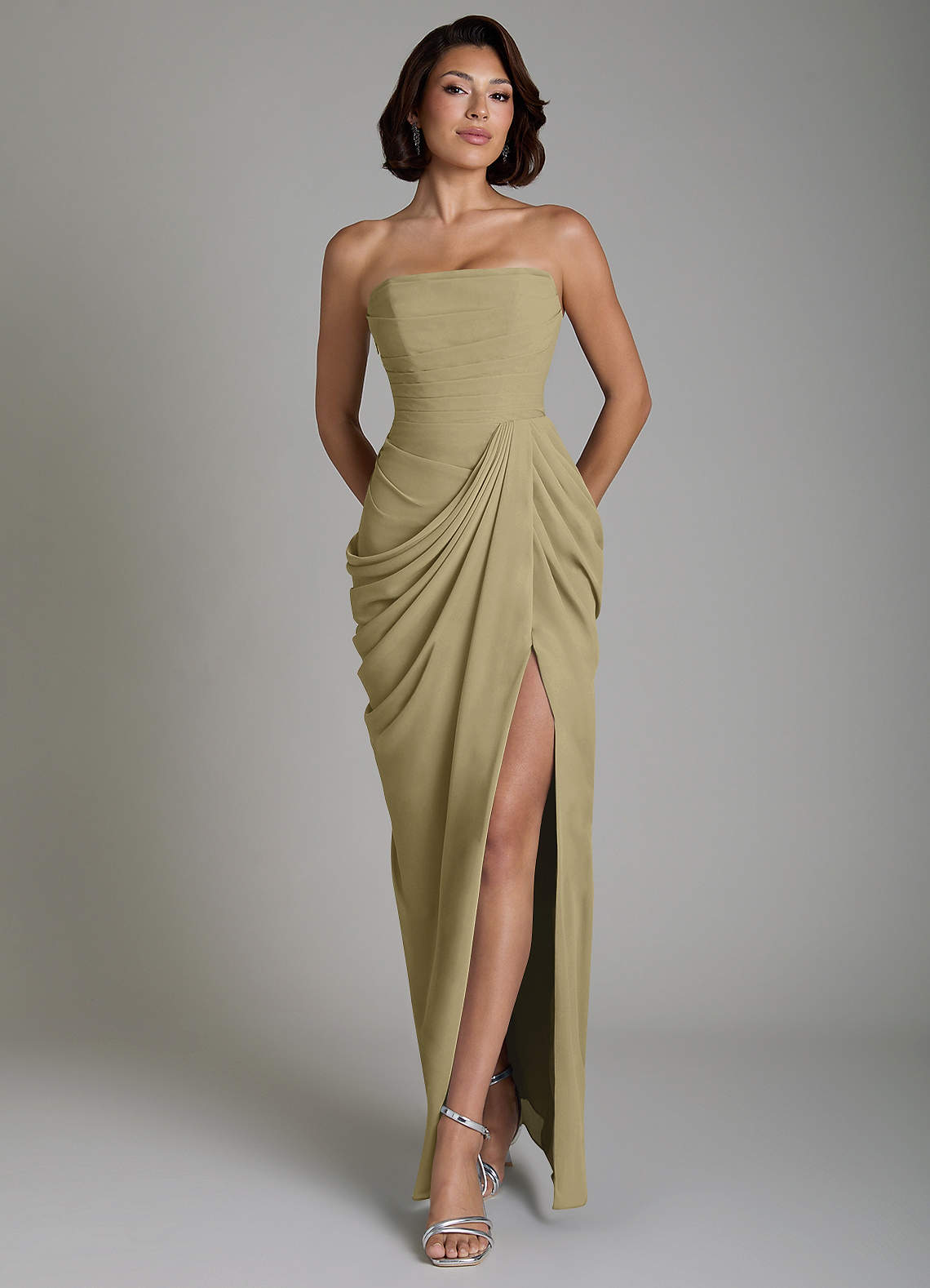 Nyra Sheath Strapless Chiffon Bridesmaid Dress in Moss Green