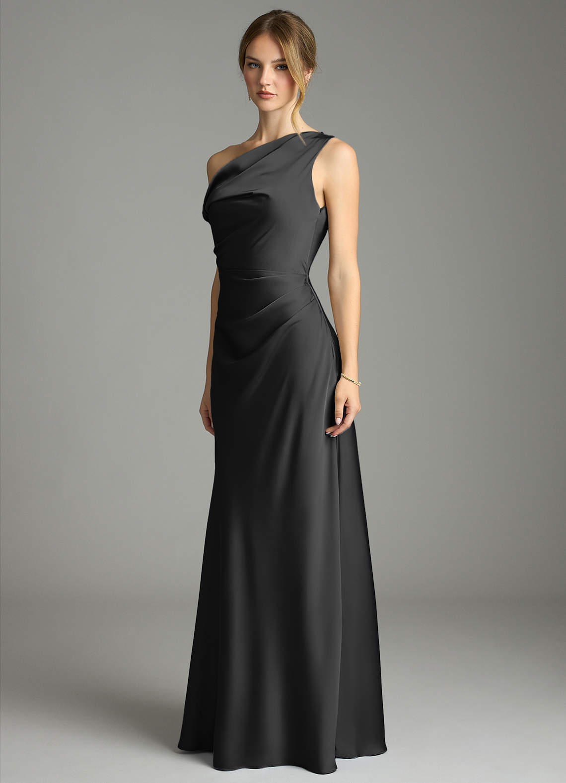 Emerson Mermaid One-Shoulder Stretch Satin Bridesmaid Dress in black