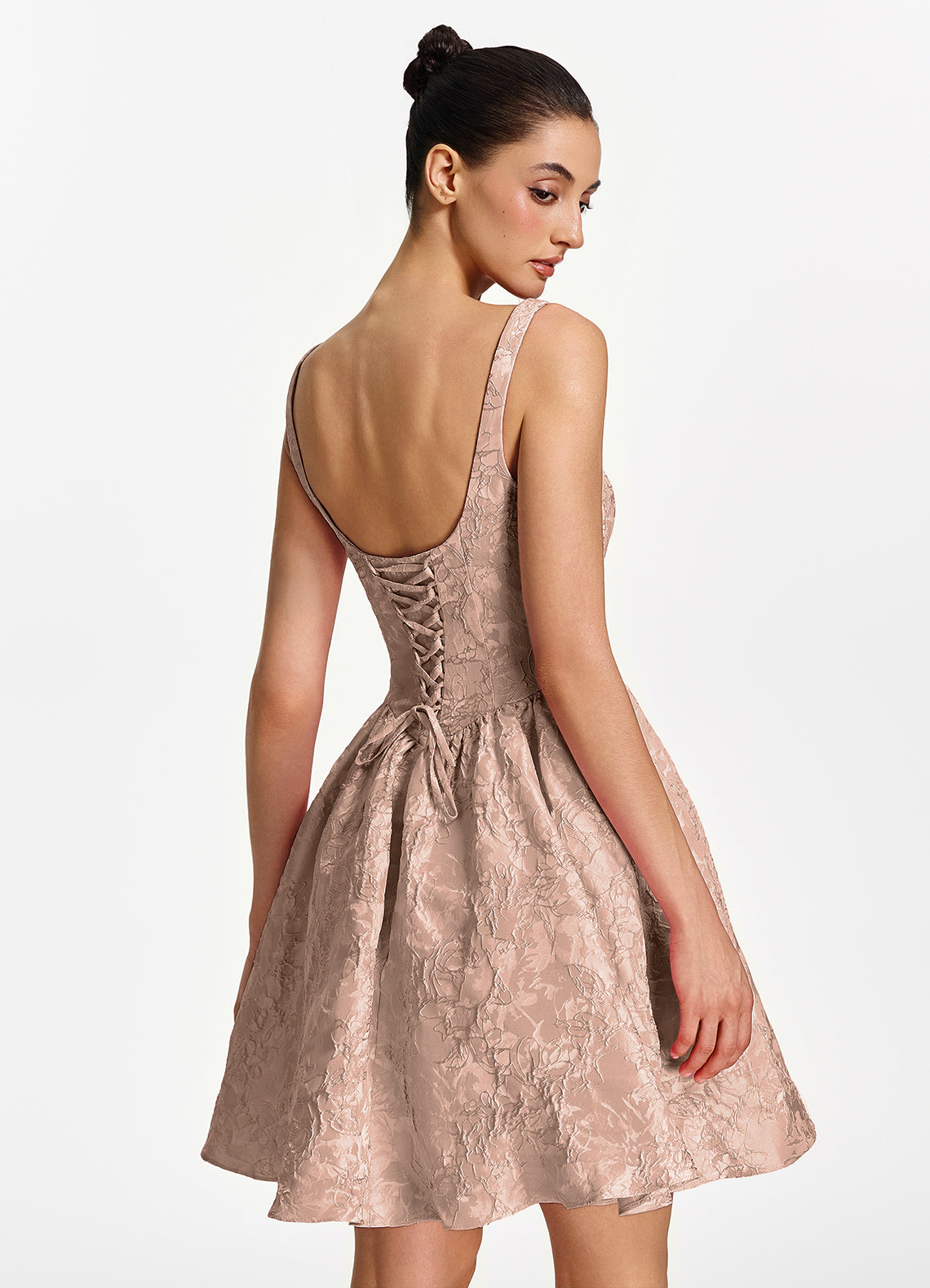 Lionelle Skater Mini Square-Neck Jacquard Prom Dress in Light Apricot - photo 2