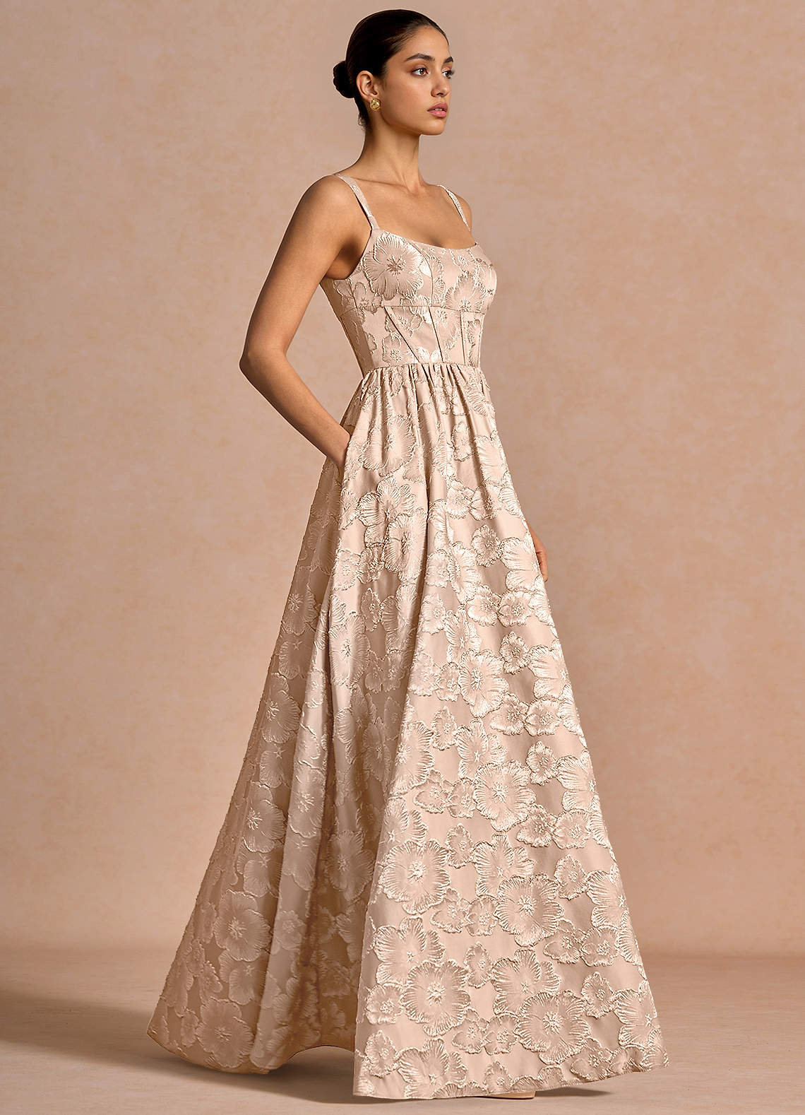 Julietteh A-Line Strappy Jacquard Taffeta Evening Dress in Vintage Blush