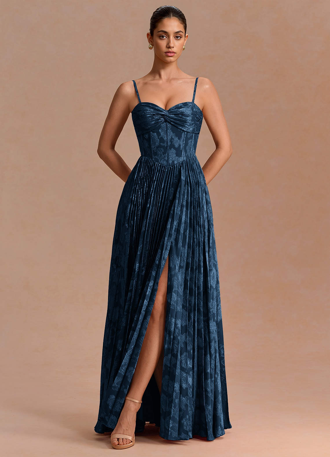 Delfina A-Line Twisted-Bust Fil Coupé Evening Dress in Navy