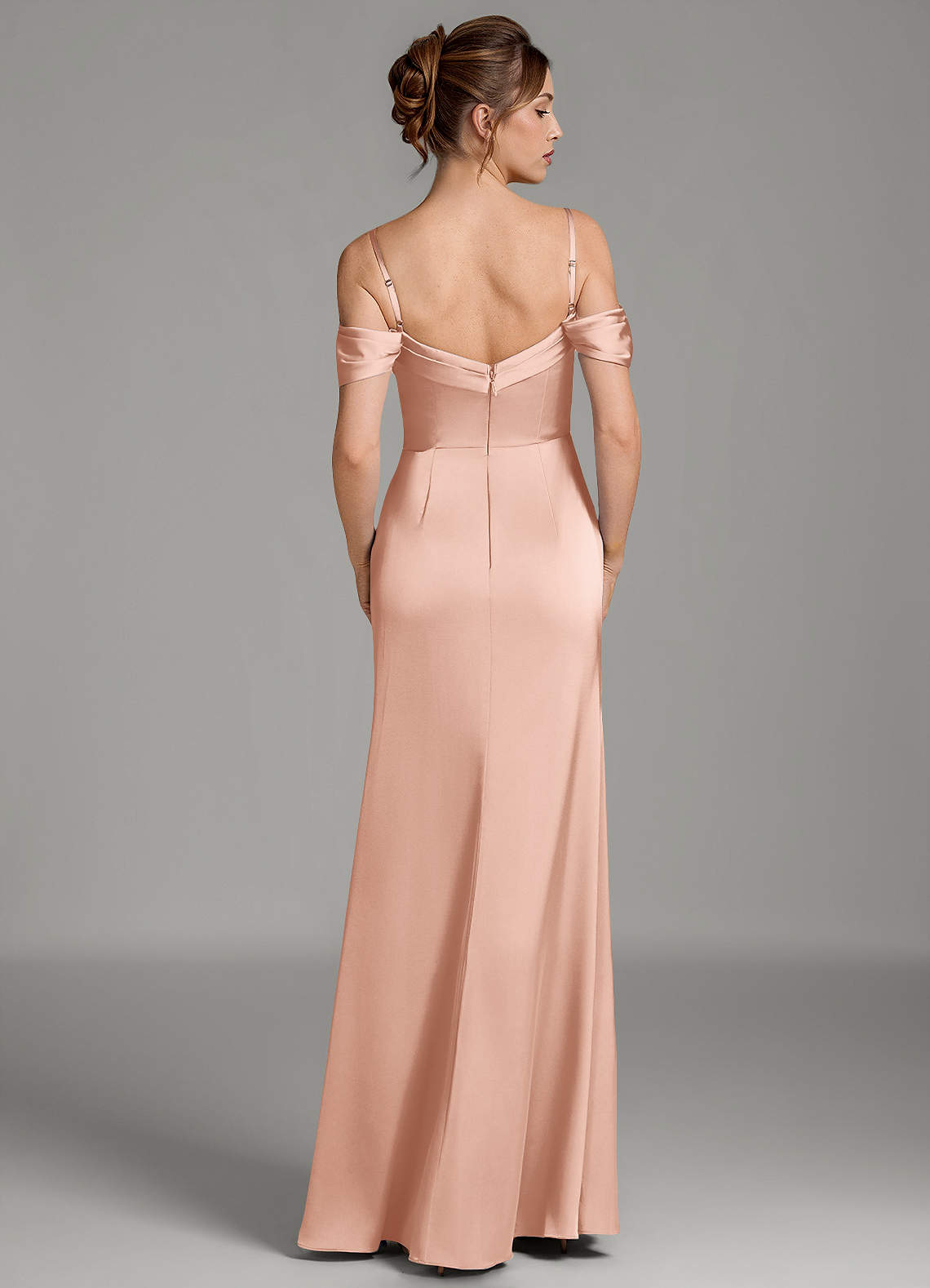 Wyatt Mermaid Off-the-Shoulder Stretch Satin Bridesmaid Dress in rose gold
