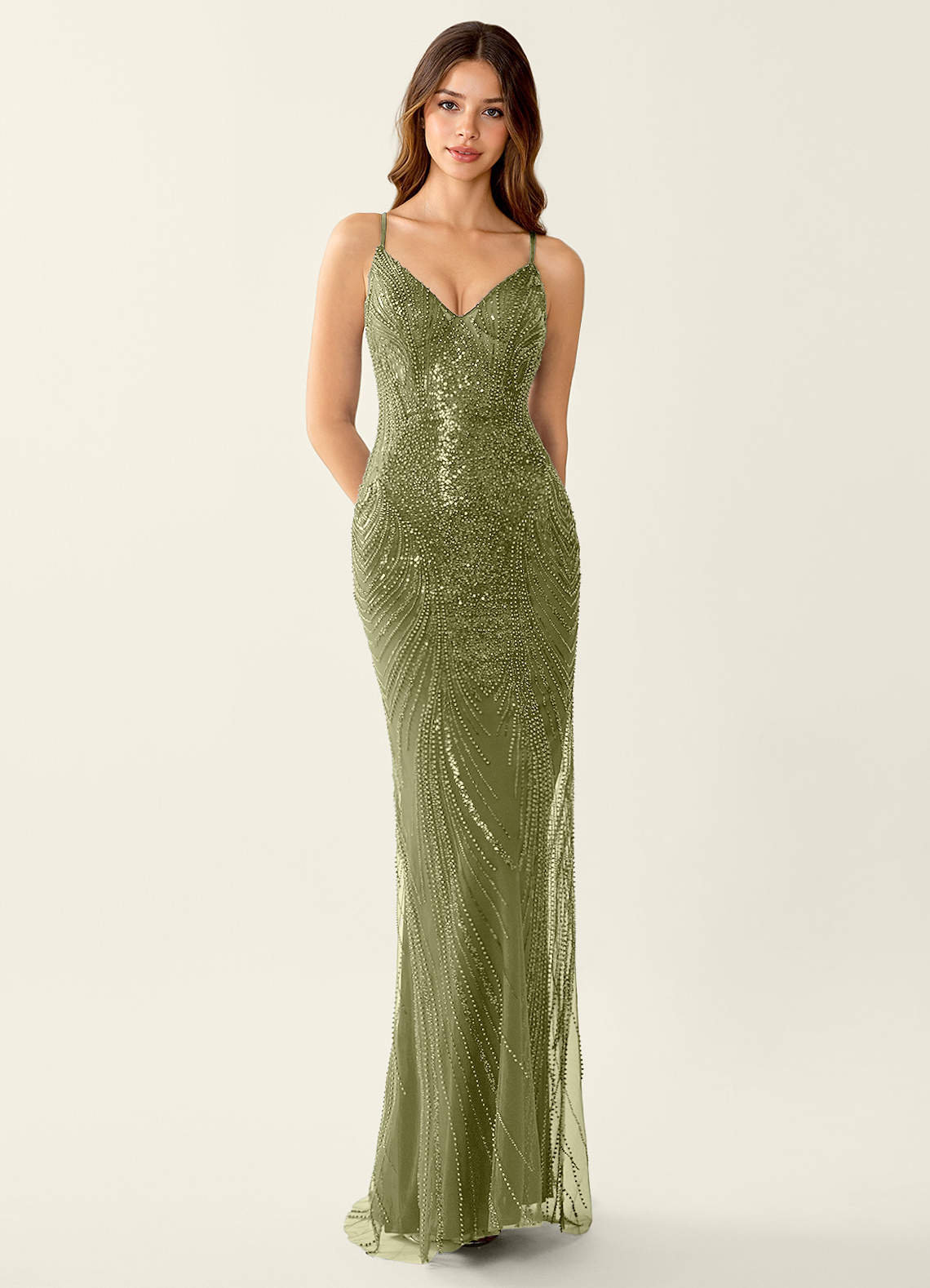 Magnolia Mermaid Beaded Sequined Stretch Mesh Evening Dress in Olive