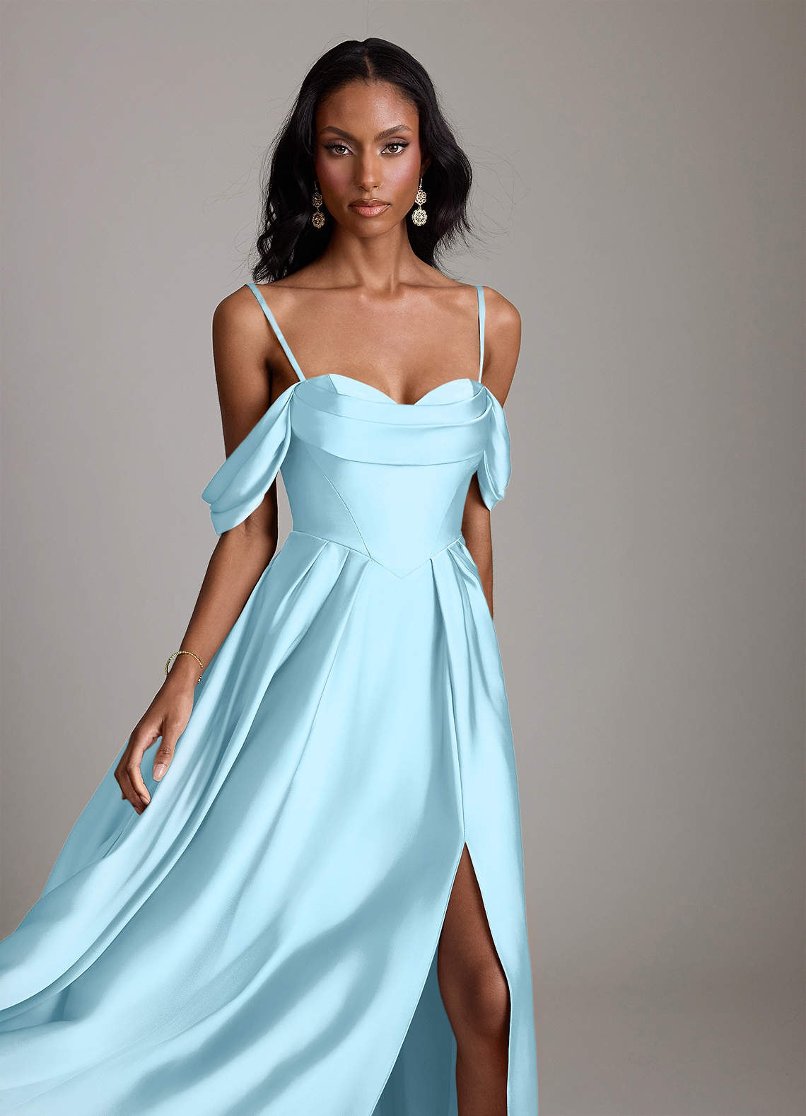 Loisa A-Line Off-the-Shoulder Stretch Satin Bridesmaid Dress in Sky Blue