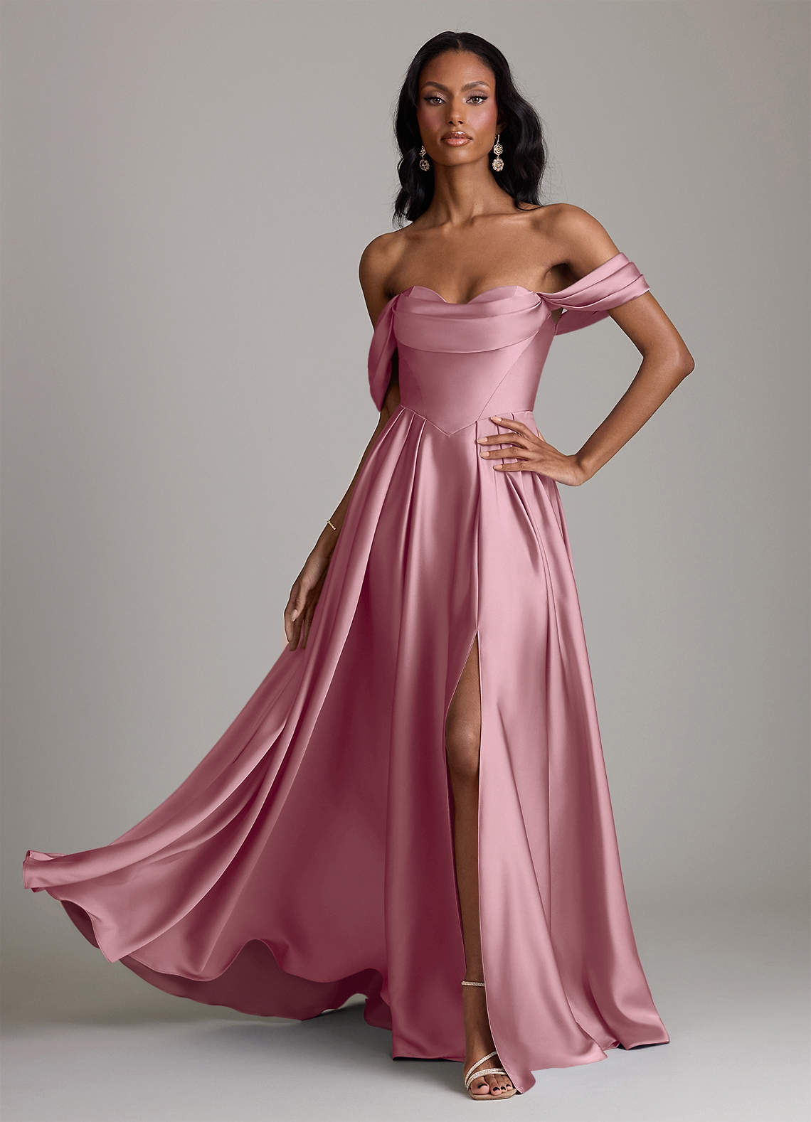 Loisa A-Line Off-the-Shoulder Stretch Satin Bridesmaid Dress in Vintage Mauve