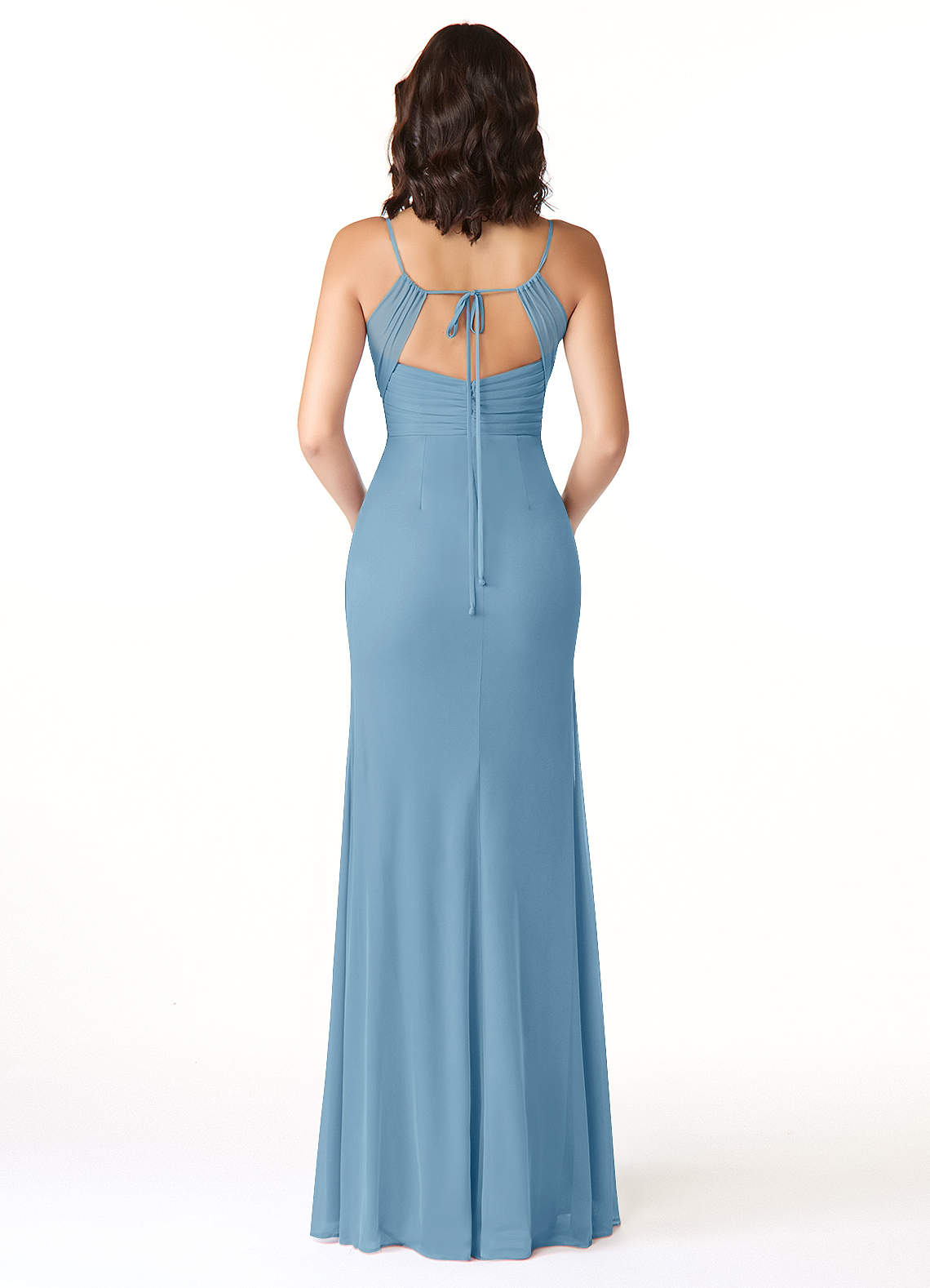 Reneya Mermaid V-Neck Mesh Bridesmaid Dress in Steel Blue
