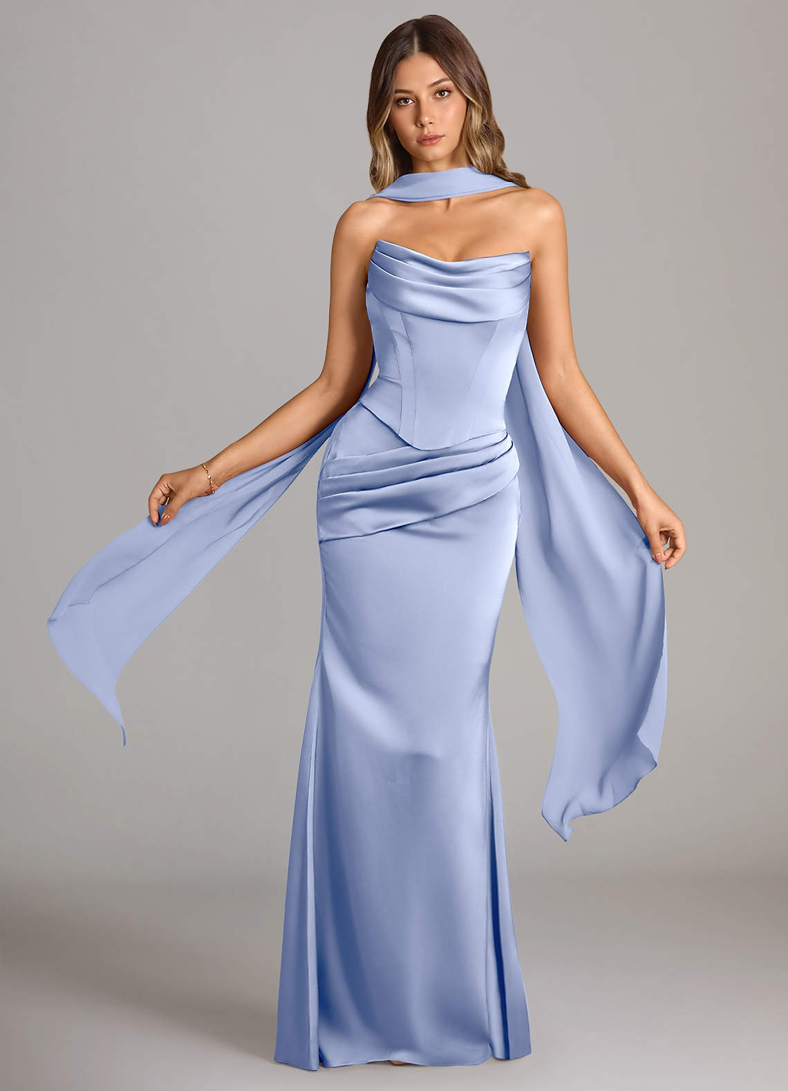 Sorrel Mermaid Cowl-Neck Stretch Satin and Chiffon Bridesmaid Dress in Ice
