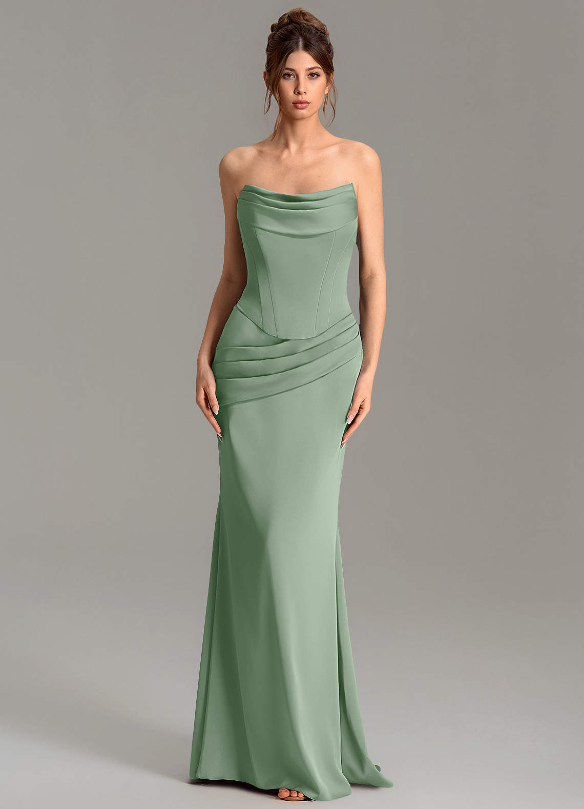Adrienne Mermaid Cowl-Neck Stretch Satin Bridesmaid Dress in Matcha