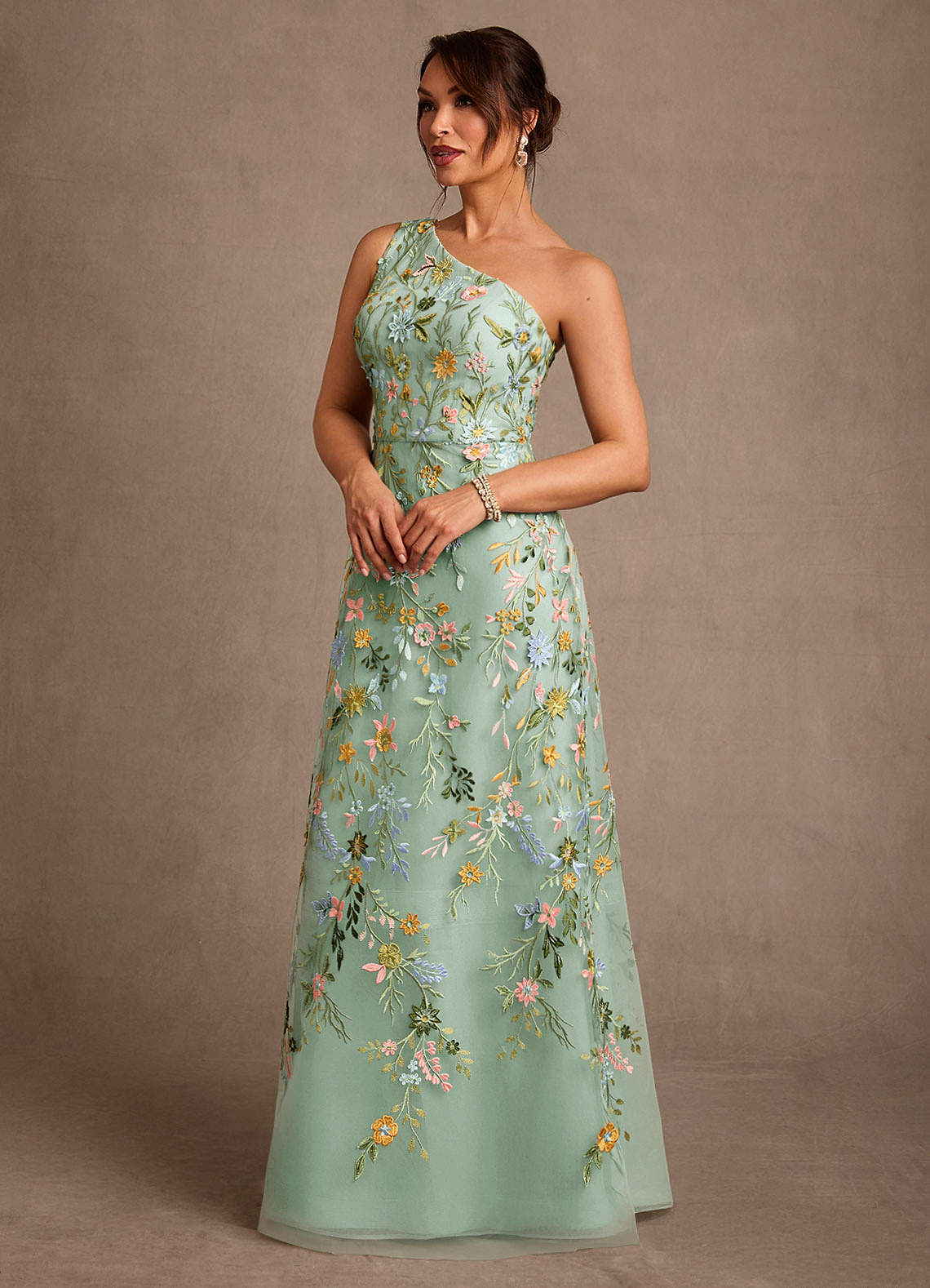 Bertie A-Line One-Shoulder Lace Mother of the Bride Dress in Agave