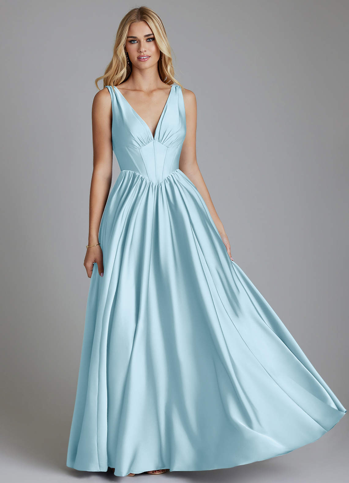 Delmie A-Line V-Neck Stretch Satin Bridesmaid Dress in Sky Blue