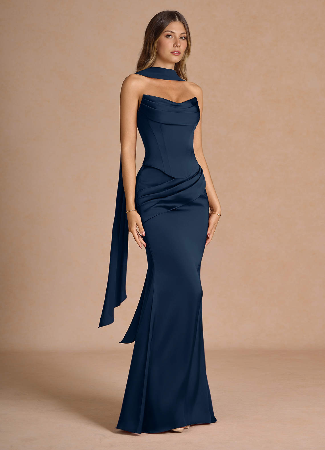 Sorrel Mermaid Corset Stretch Satin Evening Set in Navy