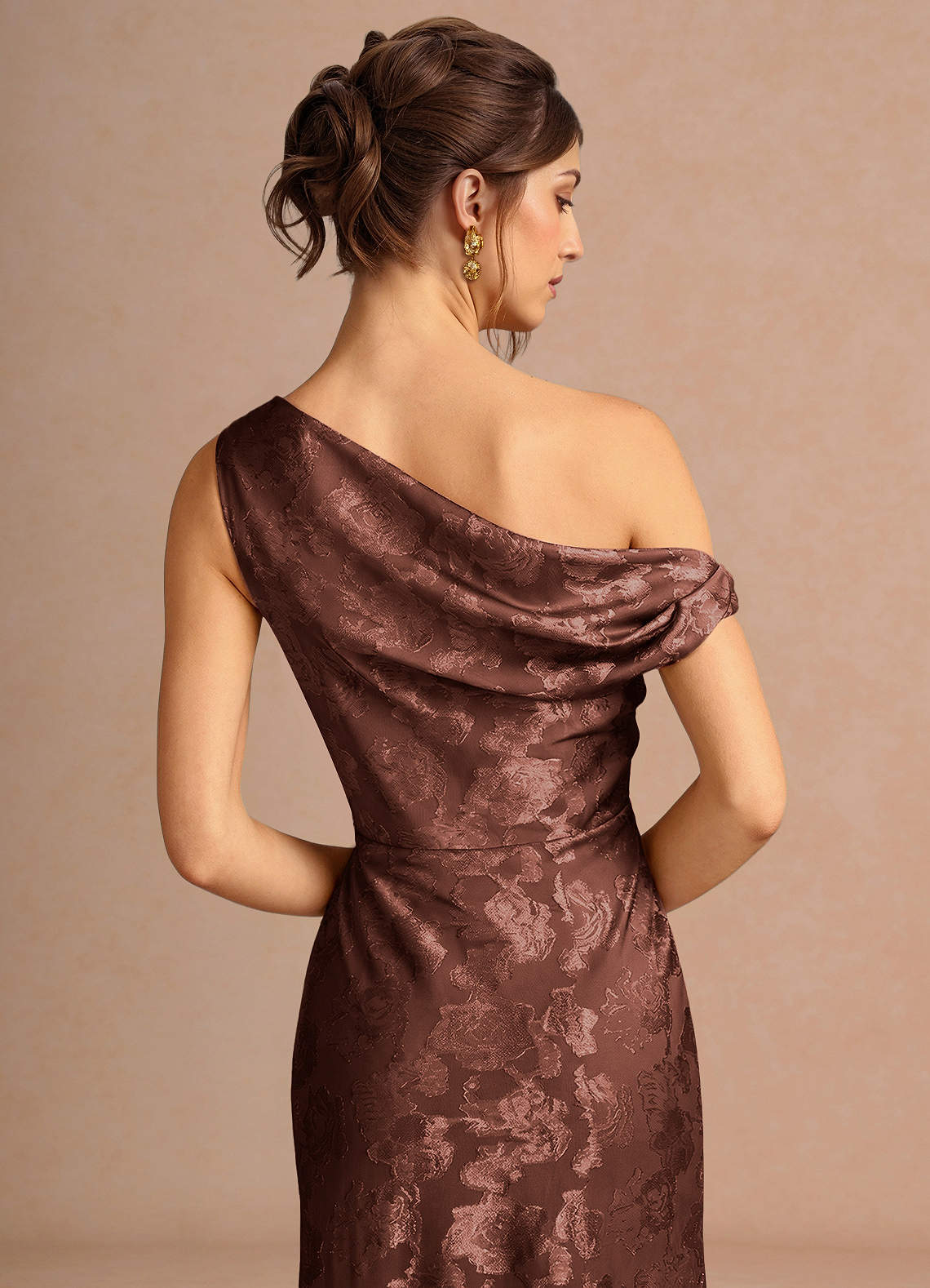 Kismet Mermaid One-Shoulder Fil Coupé Wedding Guest Dress in Mocha Coco