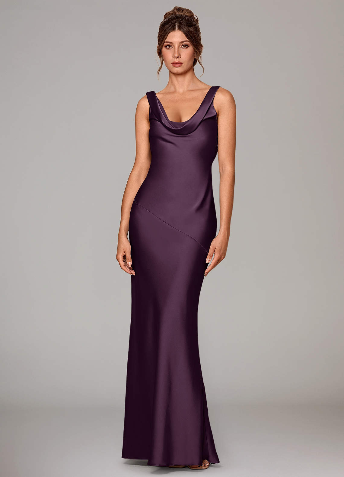 Rylina Mermaid Cowl-Neck Stretch Satin Bridesmaid Dress in Plum