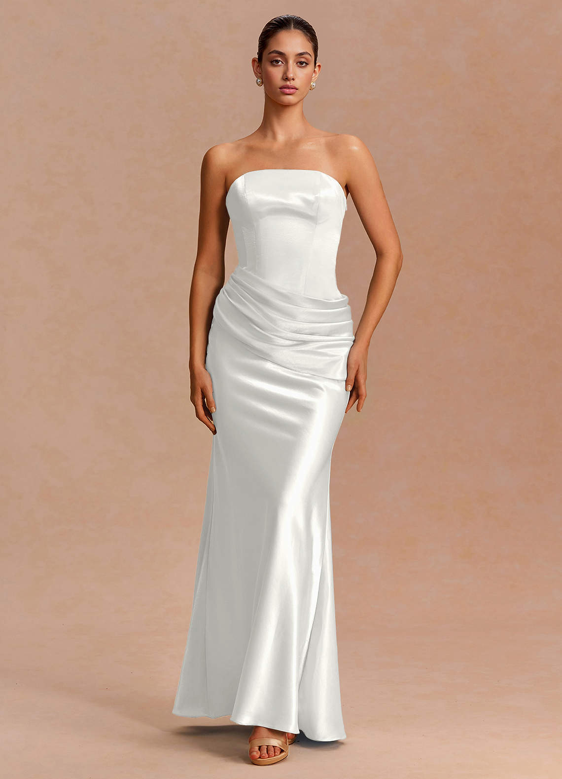 Leonie Strapless Draped-Shoulder Satin Evening Dress in White